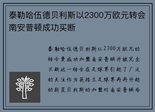 泰勒哈伍德贝利斯以2300万欧元转会南安普顿成功买断
